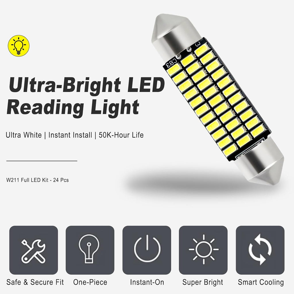 24 PCS Car LED Lights Interior Kit, T10 31mm 41mm LED Dome Lights Interior Replacement for Car Map, License Plate, Door, Side Marker, Cornering & Trunk Bulbs (Cool White)