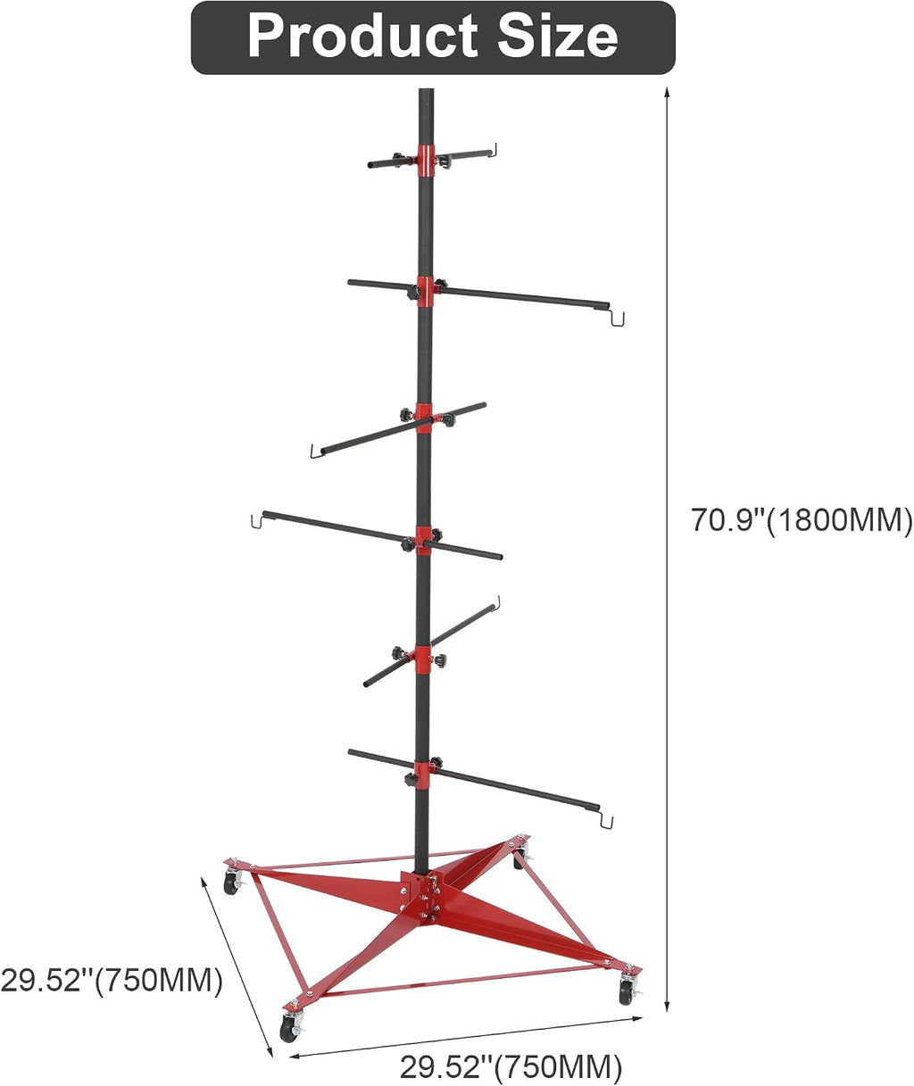 71 Inch Panel Tree Paint Stand with 6 Hook Levers, Automotive Paint Stand with Adjustable Center Post and 4 Casters, Hang Automotive Panels, Doors, Fenders, Bumpers, Car Parts, Auto Body Paint Stand