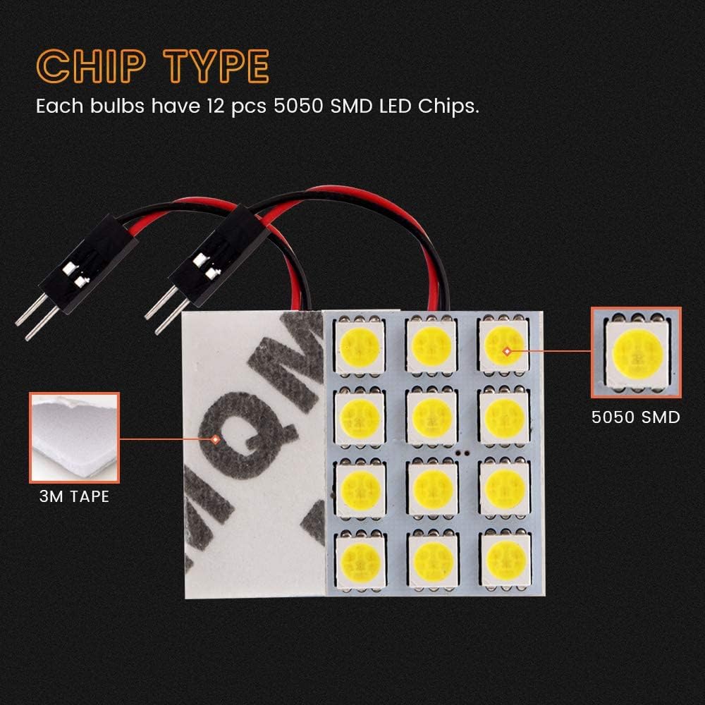 YM E-Bright Led Dome Light Panel Interior Car Lights Dome Light Map Lights with T10 194/BA9S 1895/211-2 578 DE3175 Led Festoon Adapters White, Pack of 6