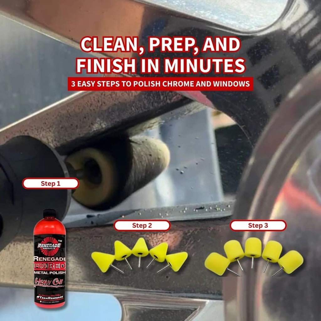 Renegade Products Wheel Window Polishing Bundle – Pro Red Liquid Metal Polish with 1/8" Foam Polishing Cones & Barrels – Drill Attachment Kit for Aluminum & Stainless Steel for Wheels & Tight Spaces