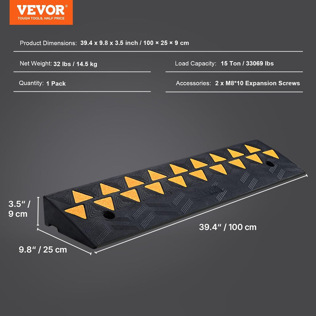VEVOR Rubber Curb Ramp 3.5" Rise Height Sidewalk Curb Ramp, 10" Width 39.4" Length Driveway Ramp for Curb, 15T Heavy Duty Rubber for Forklifts, Trucks, Buses, Cars, Wheelchairs, Bikes