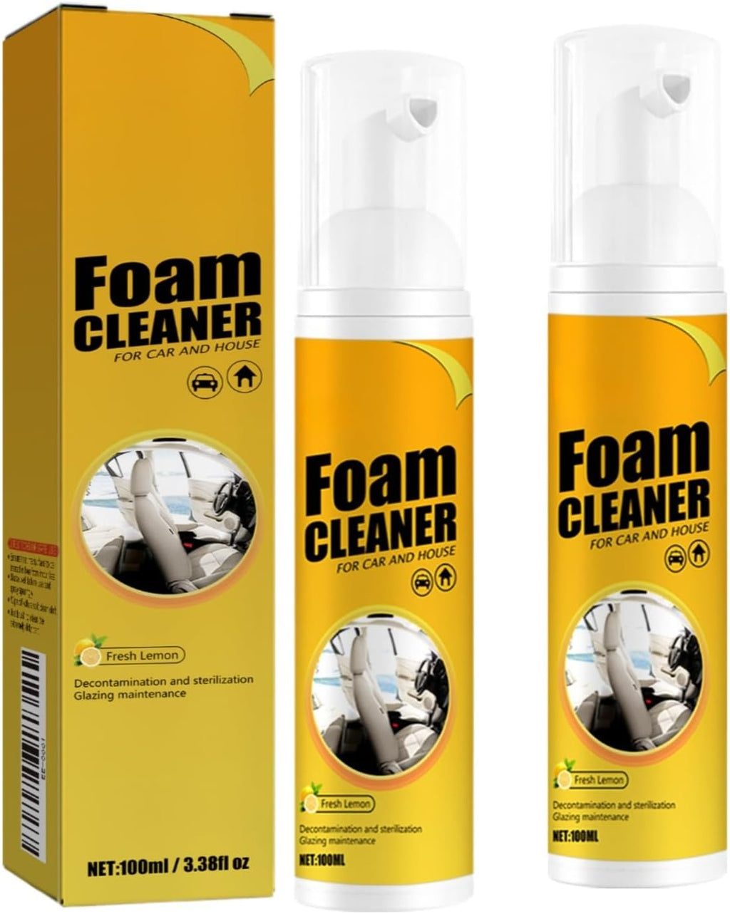 Multi-Purpose Foam Cleaner for Car and Home, Car Steering Wheel Foam Cleaner,100ml, Fresh Lemon Scent, with Cleaning Accessories, 2-Pack