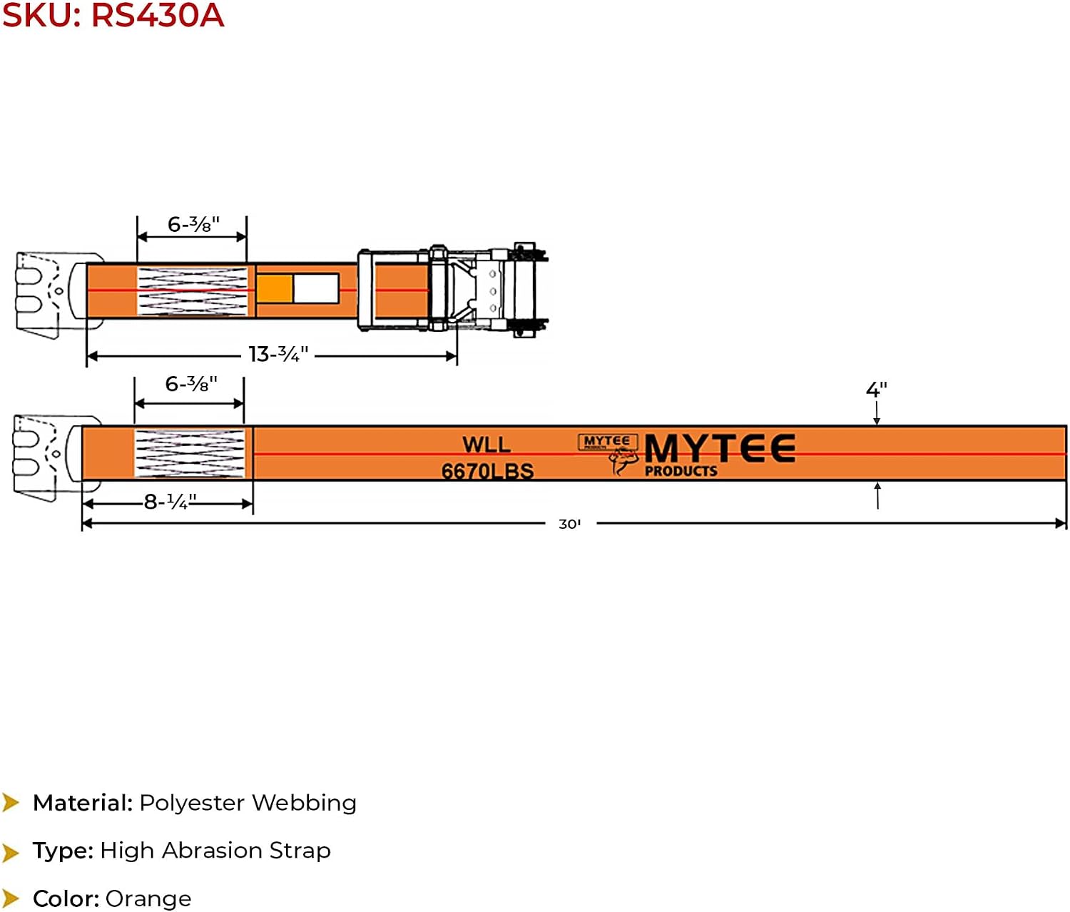 Mytee Products (4 Pack) 4" x30' Heavy Duty Ratchet Straps w/Flat Hook - 6,667 lbs WLL High Abrasion Trailer Tie Down Ratchet Straps - Orange
