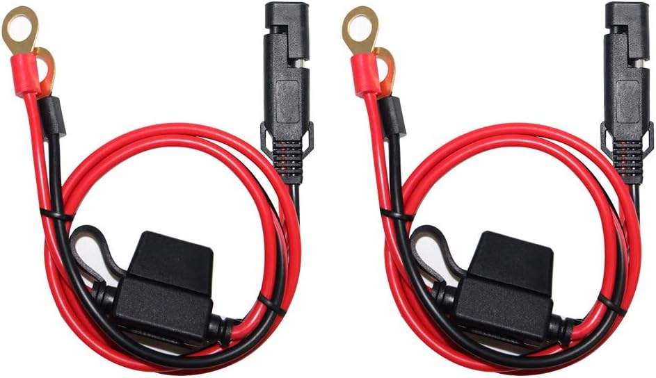 [2 PACK] SPARKING 2FT Motorcycle Battery Charger Cord, Sae to O Ring Terminal Quick Disconnect Assembly Extension Cable, Sae 2Pin Wire Harness Reverse Polarity Adapter Port Accessory, 10A Fuse