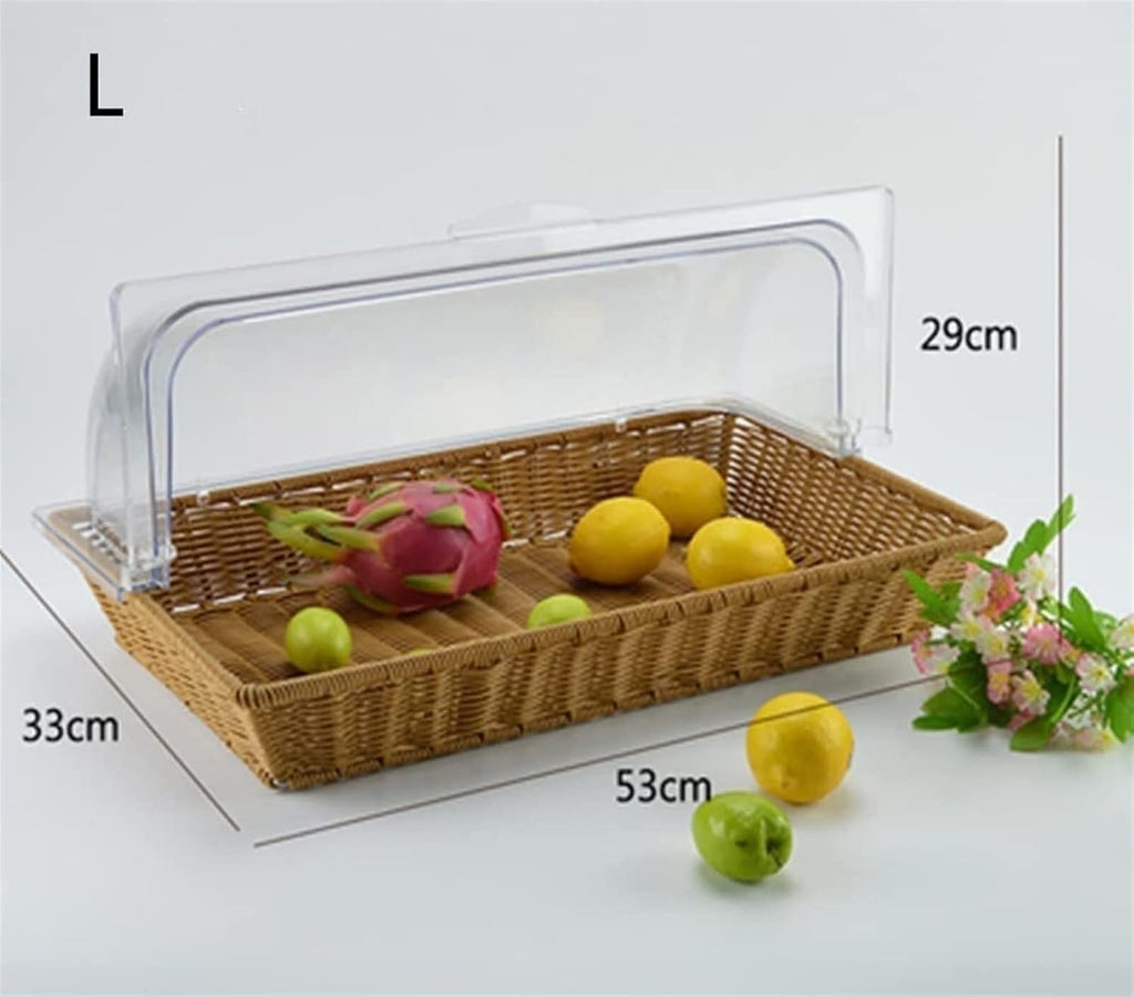 Fruit Basket Bread Basket Imitation Wicker Basket With Lid Rectangular Food Display Basket Woven Bread Tray With Clear Flip Lid(B)
