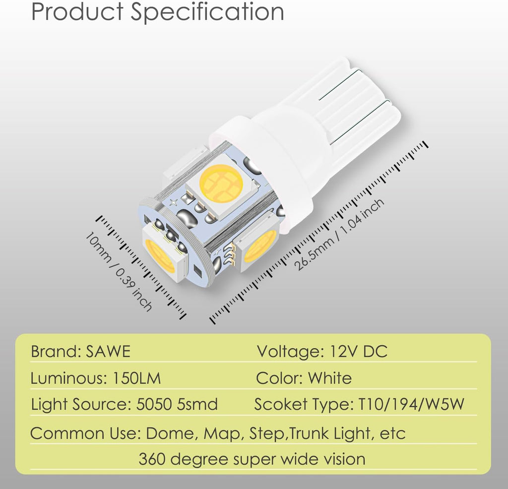 T10 168 194 2825 LED Bulb 5SMD White License Plate Dome Map Light 20pc | 6000K 192 2821 W5W 147 5050 5-SMD Interior LED Bulb for Door Step Footwell Trunk RV Canbus Error Free