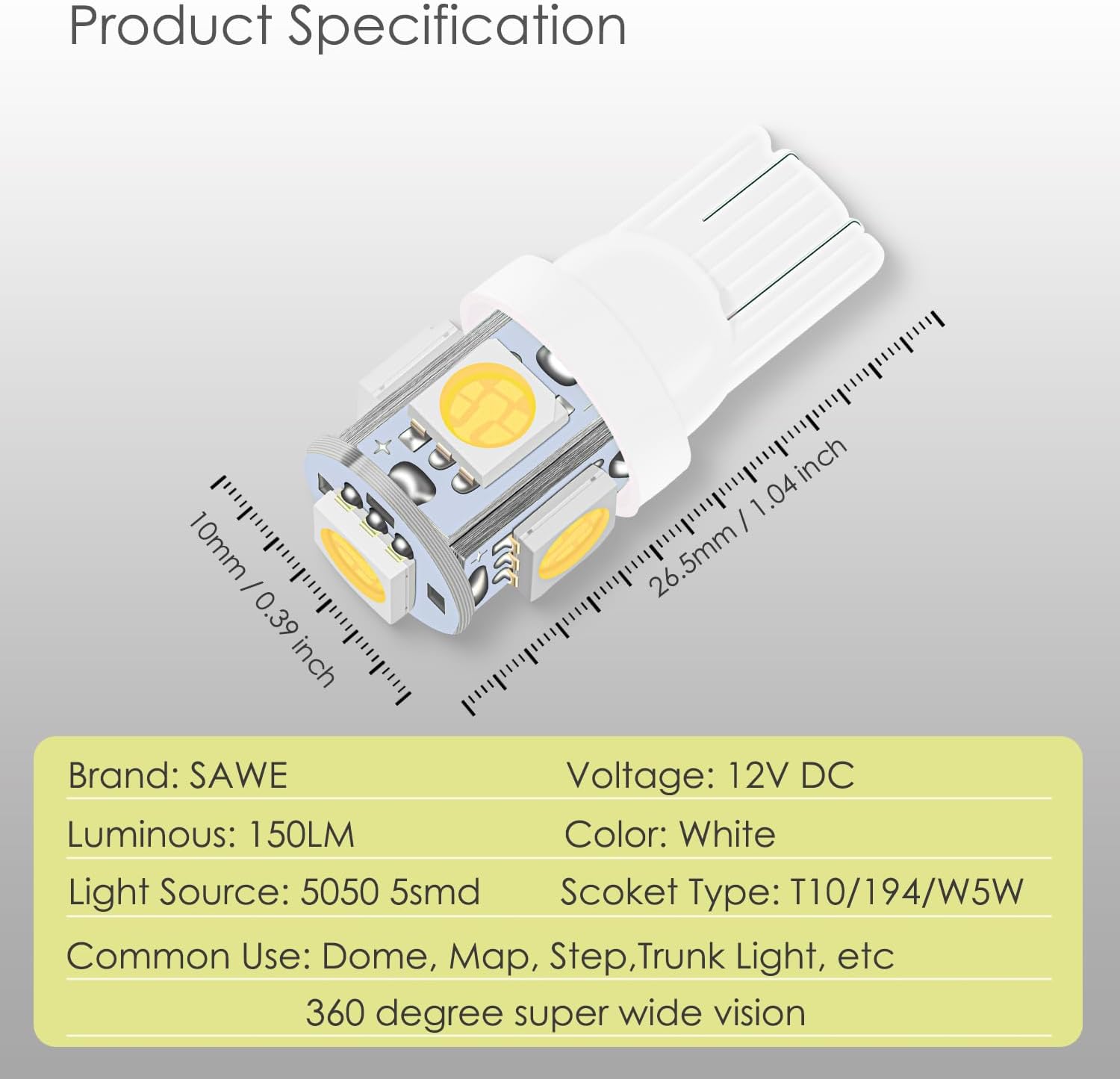 T10 168 194 2825 LED Bulb 5SMD White License Plate Dome Map Light 20pc | 6000K 192 2821 W5W 147 5050 5-SMD Interior LED Bulb for Door Step Footwell Trunk RV Canbus Error Free
