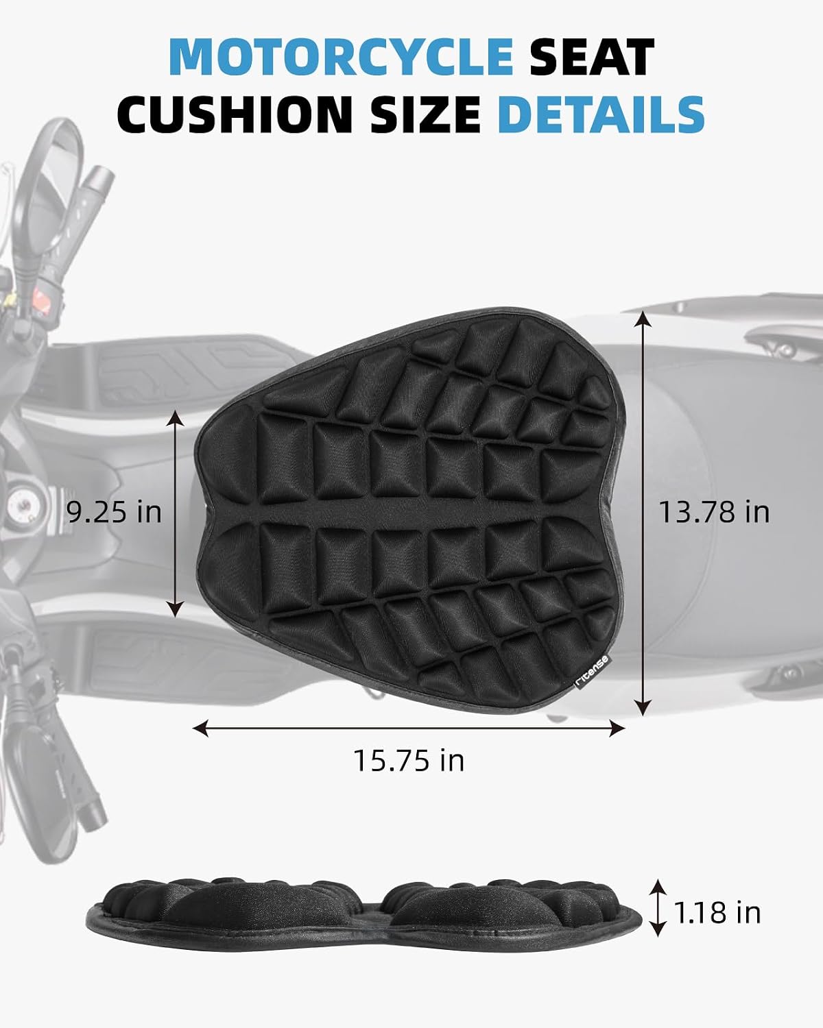 Fitense 13.8x15.8in Universal Motorcycle Seat Cushion with 3D Shock Absorption & Waterproof BSR Lycra - Dual Non-Slip Gel + Elastic Straps, Ergonomic TPE Support for Men Women Long Rides