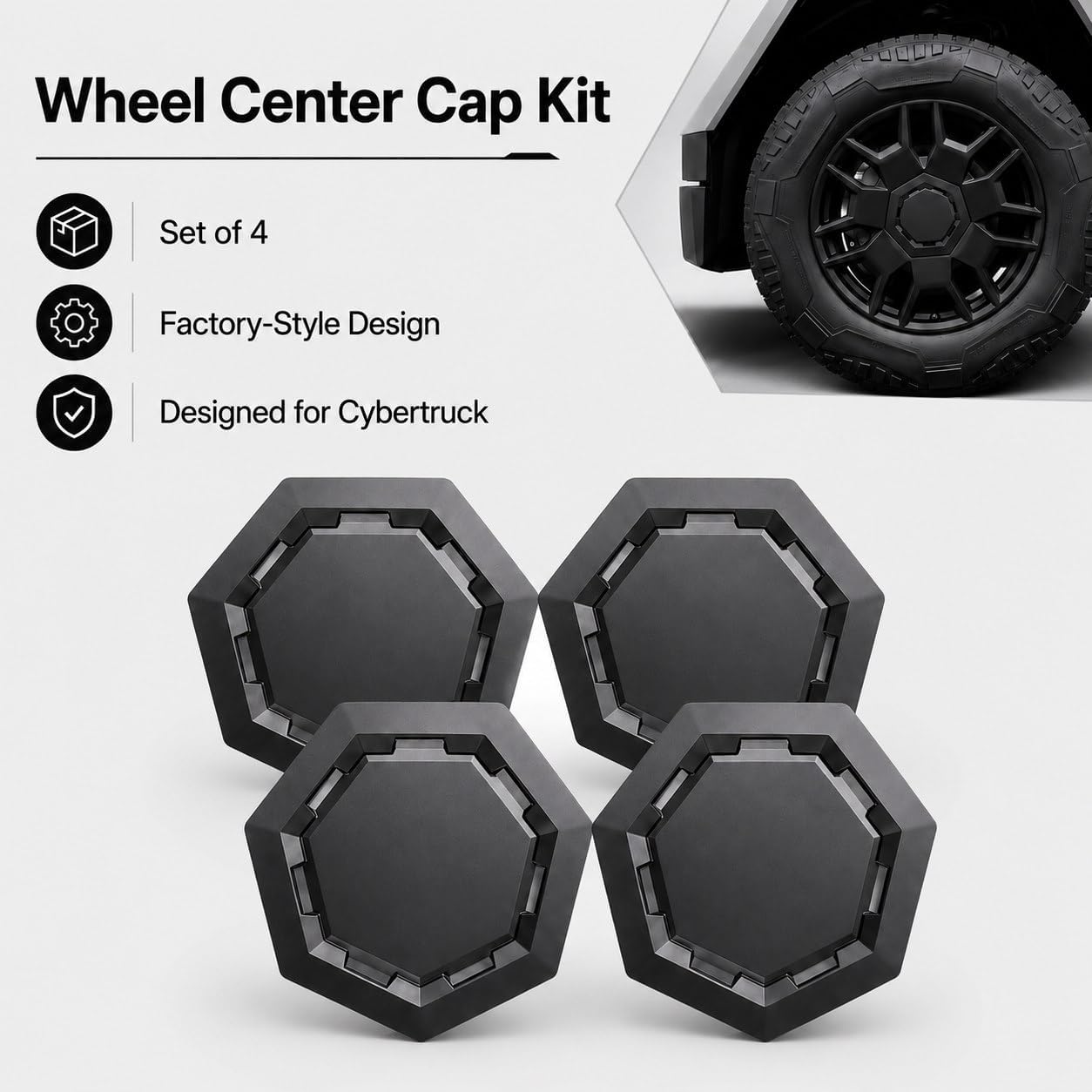 Cyber Wheel Cap Kit for Tesla Cybertruck, Set of 4 Wheel Center Cap Covers, Retail Box Included, Factory-Style Matte Black Replacement Wheel Caps