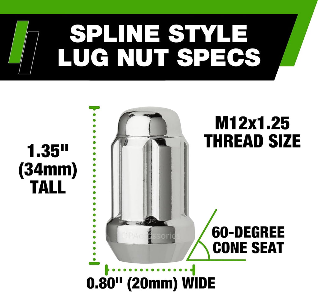 DPAccessories Chrome M12x1.25 Lug Nuts for Aftermarket Wheels - Closed End Spline Tuner - 34mm (1.35") Tall - Pack of 4 - LCS3A5HC2CH04004