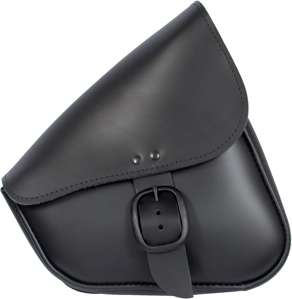 Black Leather Motorcycle Swingarm Bag For Sportsters/Dual Shock Models - Matte Black Buckle - Made In USA By Willie And Max [PN:59906-00]