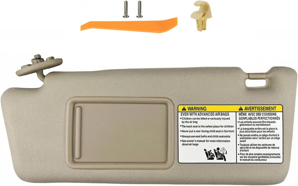 Left Driver Side Sun Visor Compatible with 2005-2015 Toyota Tacoma, (Beige Color) Sunvisor Replacement with Clip, Screws and Manual Slide Extension & Mirror, Non-Illuminated, Replaces 74320-04181-B1