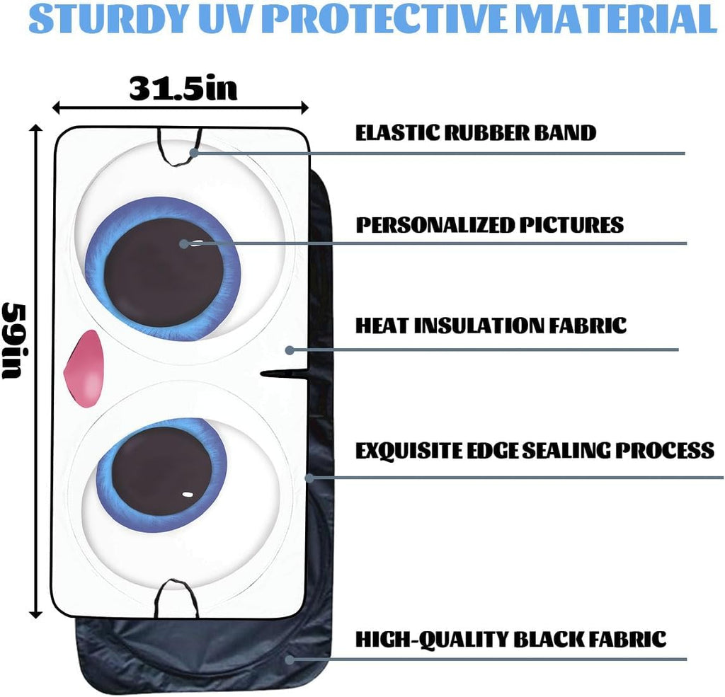 Cute Eyes Car Windshield Sun Shade - Funny Cartoon Rabbit Eye Heatshield Blocks UV Rays Sun Visor Protector for Sedan, Truck, SUV - 59" L x 31.5" W