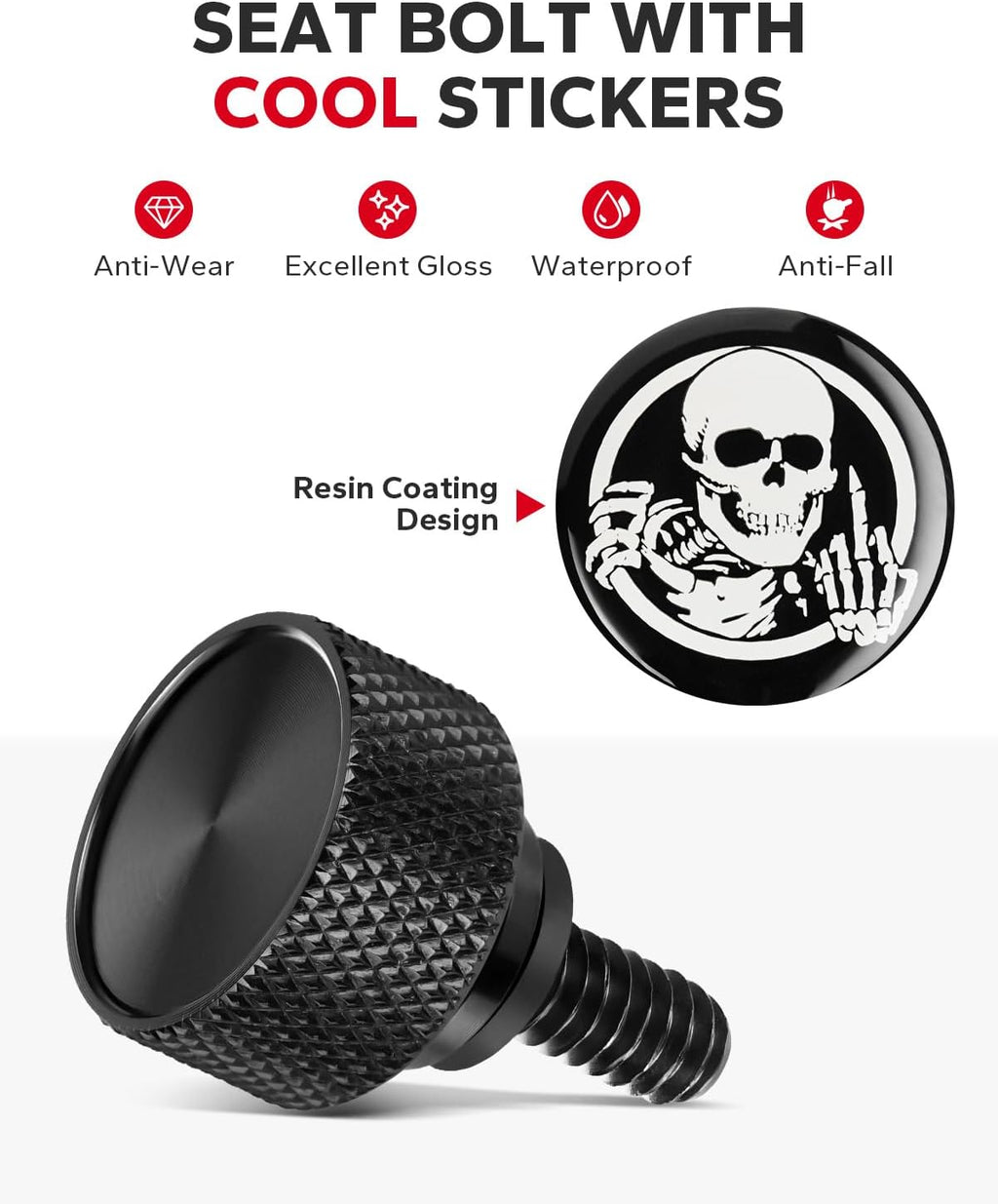 Amazicha Stainless Steel Seat Bolt Skull Pattern Tab Screw Mount Knob Cover Compatible for Harley Davidson Sportster Softail Touring Dyna 1996-2026 Black