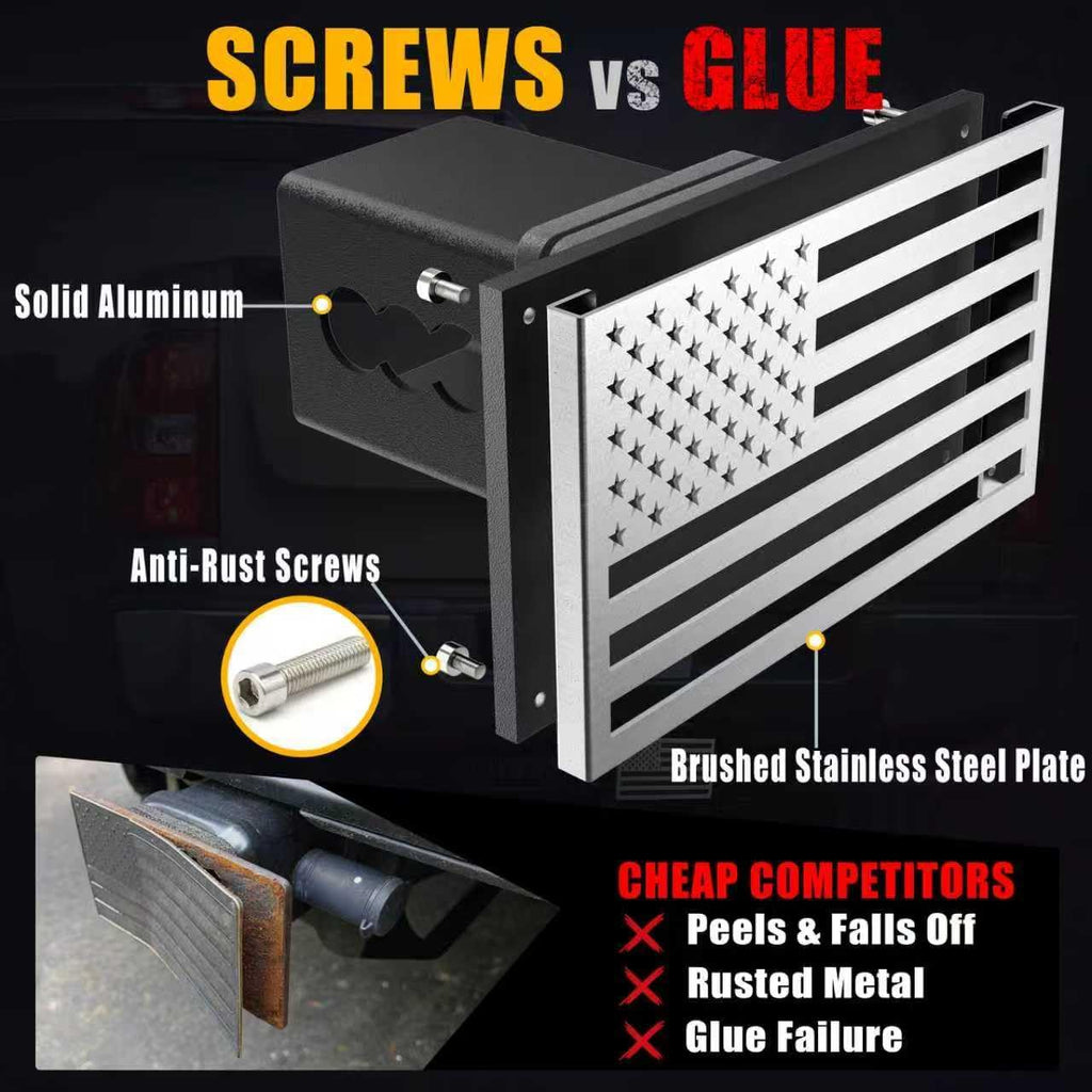 Synrroe 2" Heavy Duty Stainless Steel Flag Hitch Cover, Car Wash Safe | Brushed Stainless Steel Flag, Aluminum Base, Mechanically Fastened, Won't Rust or Peel, 5/8" Stainless Pin