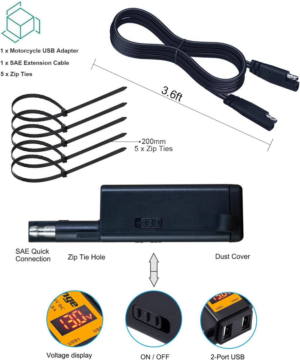 Motorcycle USB Charger, Mroinge 4.8A SAE to USB Adapter with Voltmeter & Ammeter, Quick Disconnect Plug with Dual USB Charger Perfect for Smart Device Charging, with ON/Off Switch