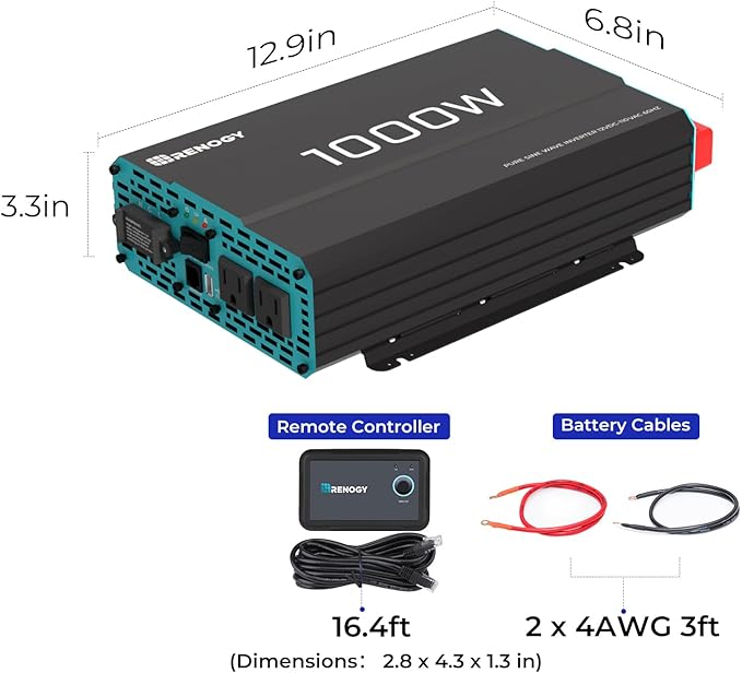 Renogy 1000W Pure Sine Wave Inverter 12V DC to 120V AC Converter - Image 9