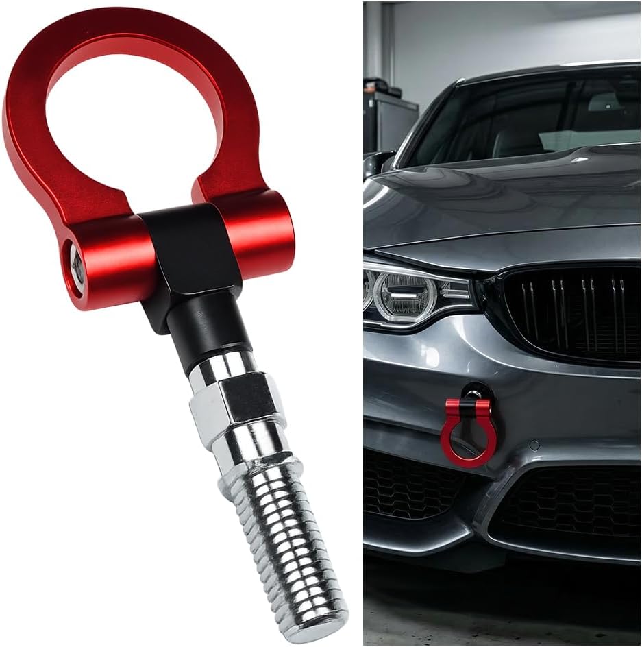 Car Front Bumper Tow Hook, Heavy-Duty Waterproof Screw-on Smooth Bumper Puller Towing Trailer Hook, Rust-Proof Trailer Pull Ring Decoration, Universal for Sedans SUVs Trucks (Red)