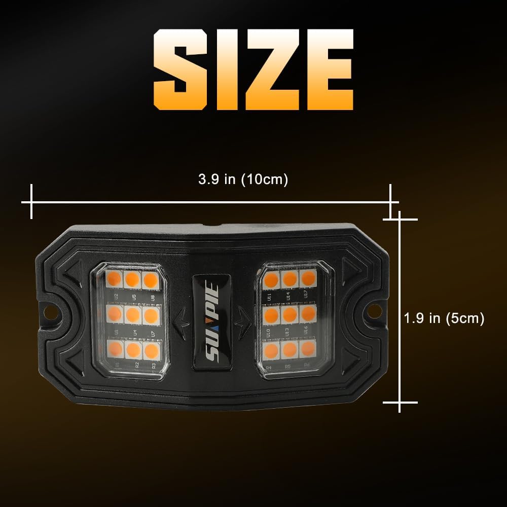 SUNPIE 8 Pods Quick Connect Amber Rock Lights, 18 Wide Angle Chips, 4M Extension Wires Each Light, Mounting Pads, IP67 Waterproof, Fits for Trucks Trailer SUV ATV UTV