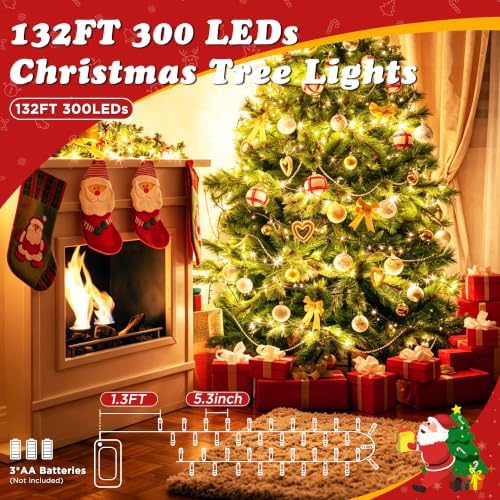 Quntis Battery Powered String Lights Outdoor, 132FT 300 LED Indoor Christmas ...