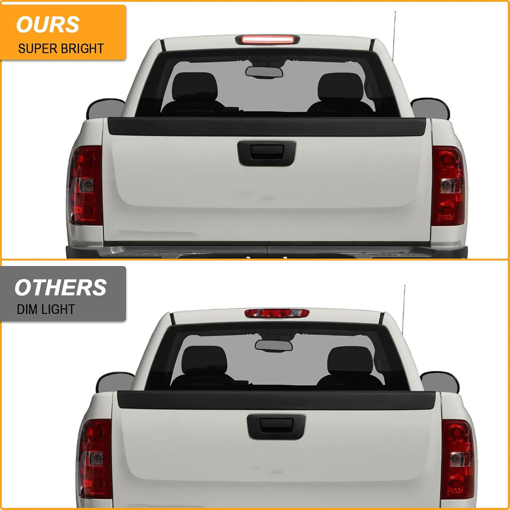 R&F Auto LED Third Brake Light Compatible with 2007-2013 Silverado/Sierra 1500 2500HD 3500HD Roof Cargo Lights Pickup Truck F1 Style Strobe High Mount Stop Lamp, Smoked Lens Replace OEM# 25890530