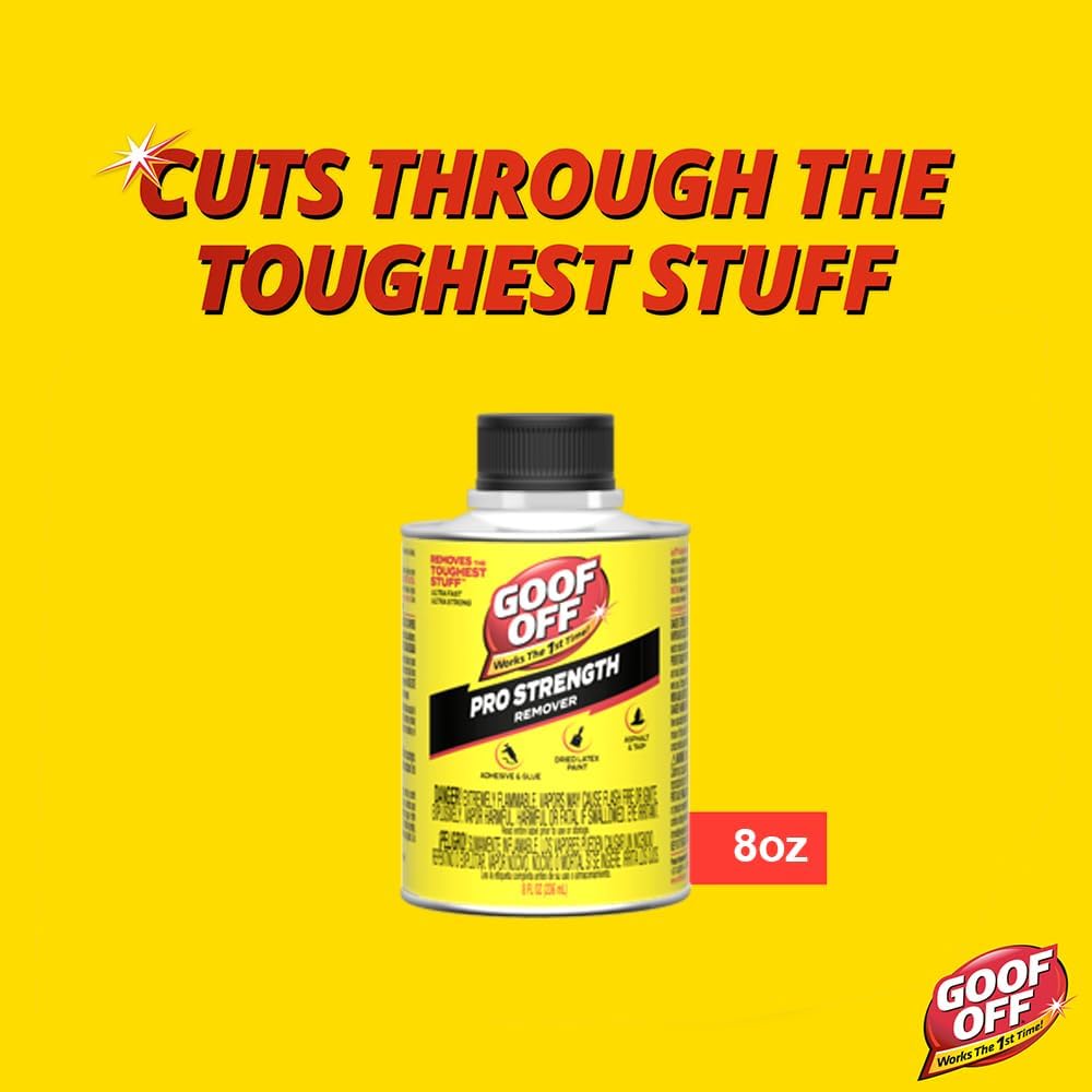 Goof Off Pro Strength Remover, Adhesive & Glue Remover for Dried Latex Paint, Caulk, Stickers, Decals, Tar, Asphalt - Works the 1st Time, 8 fl oz
