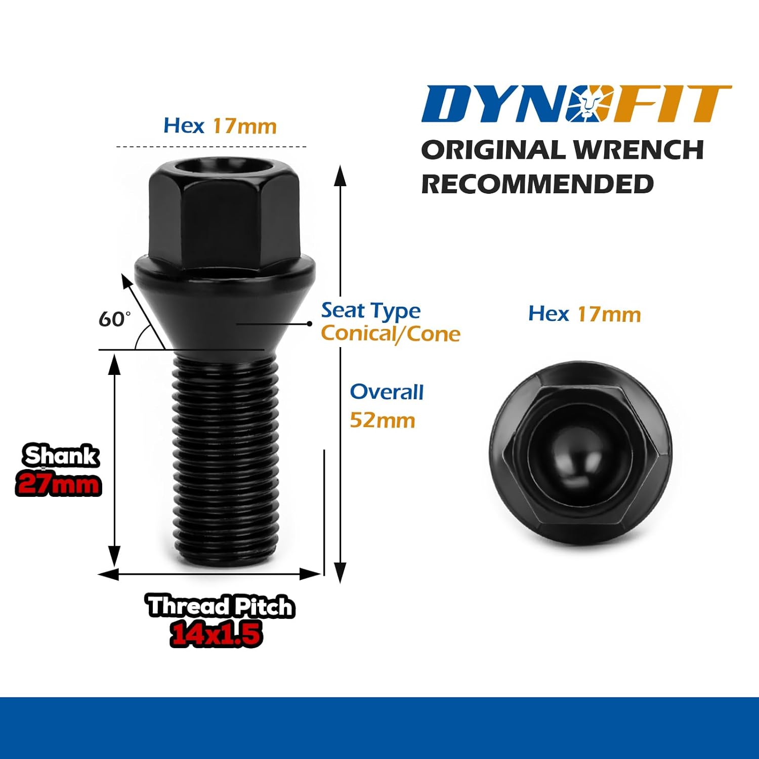 Dynofit 14x1.5 Lug Bolts Compatible with Audi A3 A4 A1 A8,27mm Shank Conical Seat Aftermarket Wheel Bolt, Fit CC Golf Jetta Lavida Se Boxster Cayman Macan Panamera, 20PCS One-piece Design Black Studs