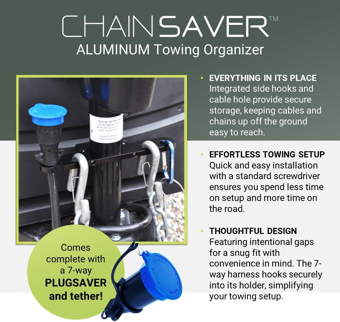 GR Innovations Chain Saver with PlugSaver and Tether | Black Anodized Aluminum Tongue Jack Trailer Towing Organizer Kit | Essential RV Accessory | Easy Chain & Harness Storage | Made in USA