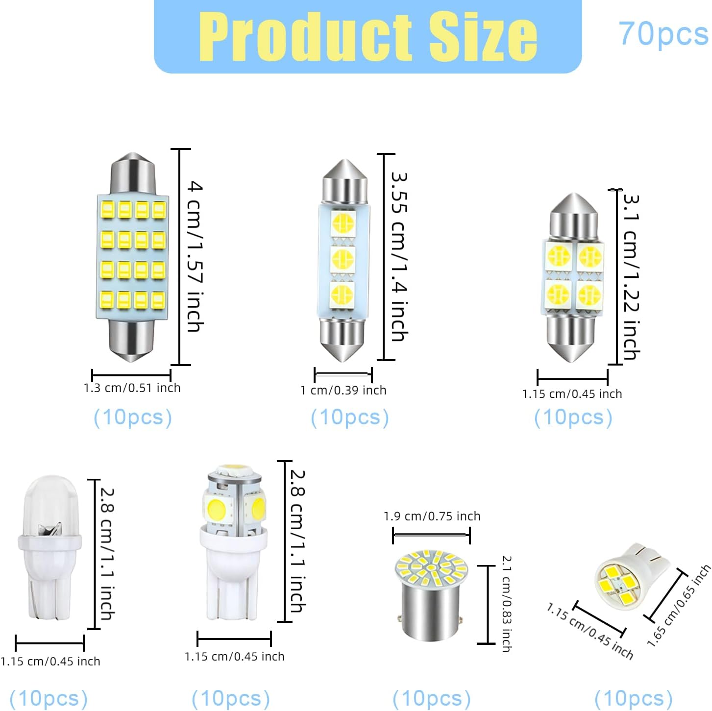 LED Lights for Car 70 PCS Bright White Interior LED Bulbs Kit, T10 31mm 36mm 41mm Reading License Plate Light, Plug and Play for Car Interior Indoor Map Dome Side Marker Bulbs