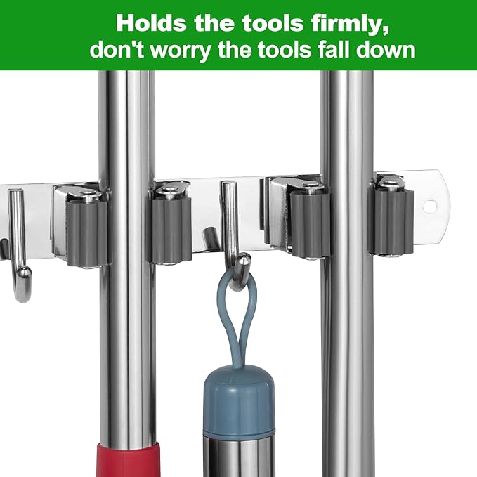 voze 3 Racks and 4 Hooks Mop and Broom Holder Wall Mount, Self Adhesive Heavy - Image 2