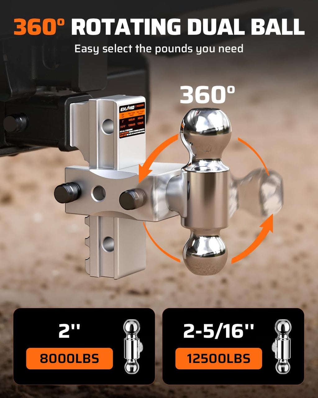 Ehaho Adjustable Trailer Hitch, Drop Hitch 2 Inch Receiver with 6 Inch Drop/Rise for Truck 12,500 LBS GTW, Waterproof Double Anti-Theft Locking Hitch Pins