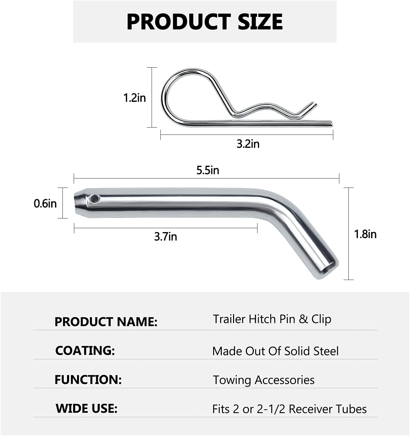 Cenipar Trailer Hitch Pin & Clip with Grooved Head, 5/8-in Diameter, Fits 2 or 2-1/2-in Receiver