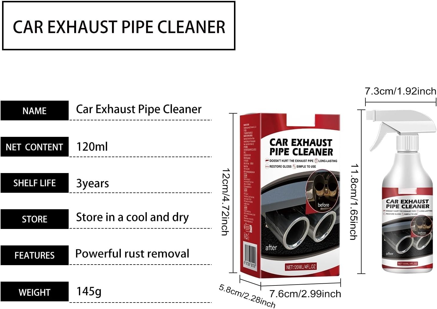 Car Exhaust Pipe Cleaner Spray, Rust Remover and Gloss Restorer, 4 fl oz