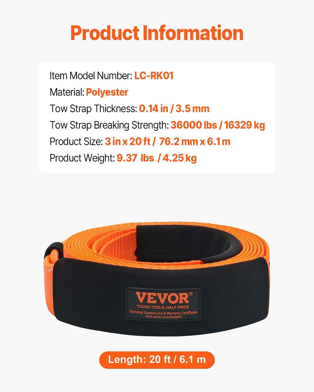 VEVOR Heavy Duty Tow Strap Recovery Kit 3" x 20 ft (MBS-36,000 lbs) Tree Saver Winch Strap, Triple Reinforced Loop & Protective Sleeves & Storage Bag, 3/4" D-Ring Shackles, for Truck Jeep SUV ATV