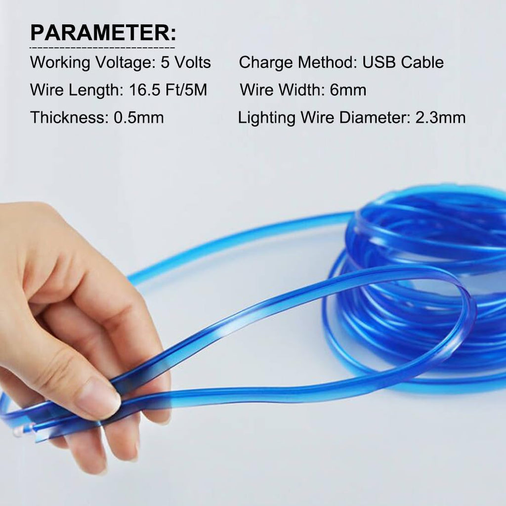 EL Wire Interior Car LED Strip Lights, 16.5FT USB Neon Glowing Strobing El Wire Strip with 6mm Sewing Edge, Ambient Lighting Kits for Car Inside Decorations (Blue)