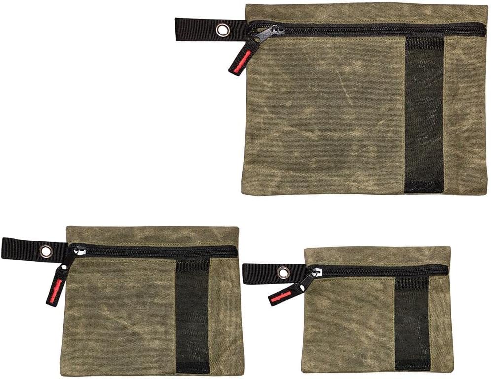 Overland Vehicle Systems Small Size 3-Bag Set of Storage Bags with Mesh Windows- #12 Waxed Canvas - Infused with Paraffin Wax Waterproofing - Universal For, Tools, Automotive, and more!