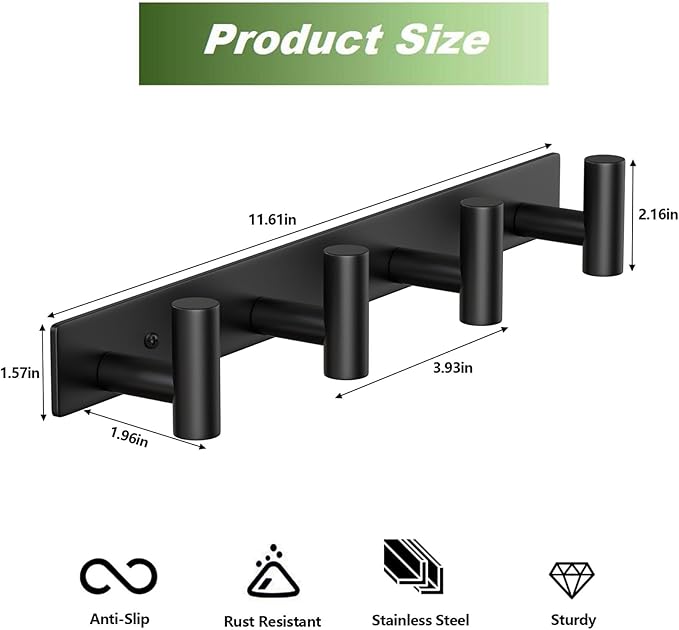 Wall Mounted Coat Rack-4 Hooks, Heavy Duty Stainless Steel Hook Rail - Image 2