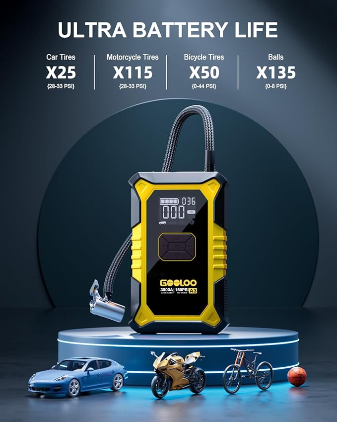 GOOLOO A3 Jump Starter with Air Compressor, 3000A Portable Car Battery Jumper
