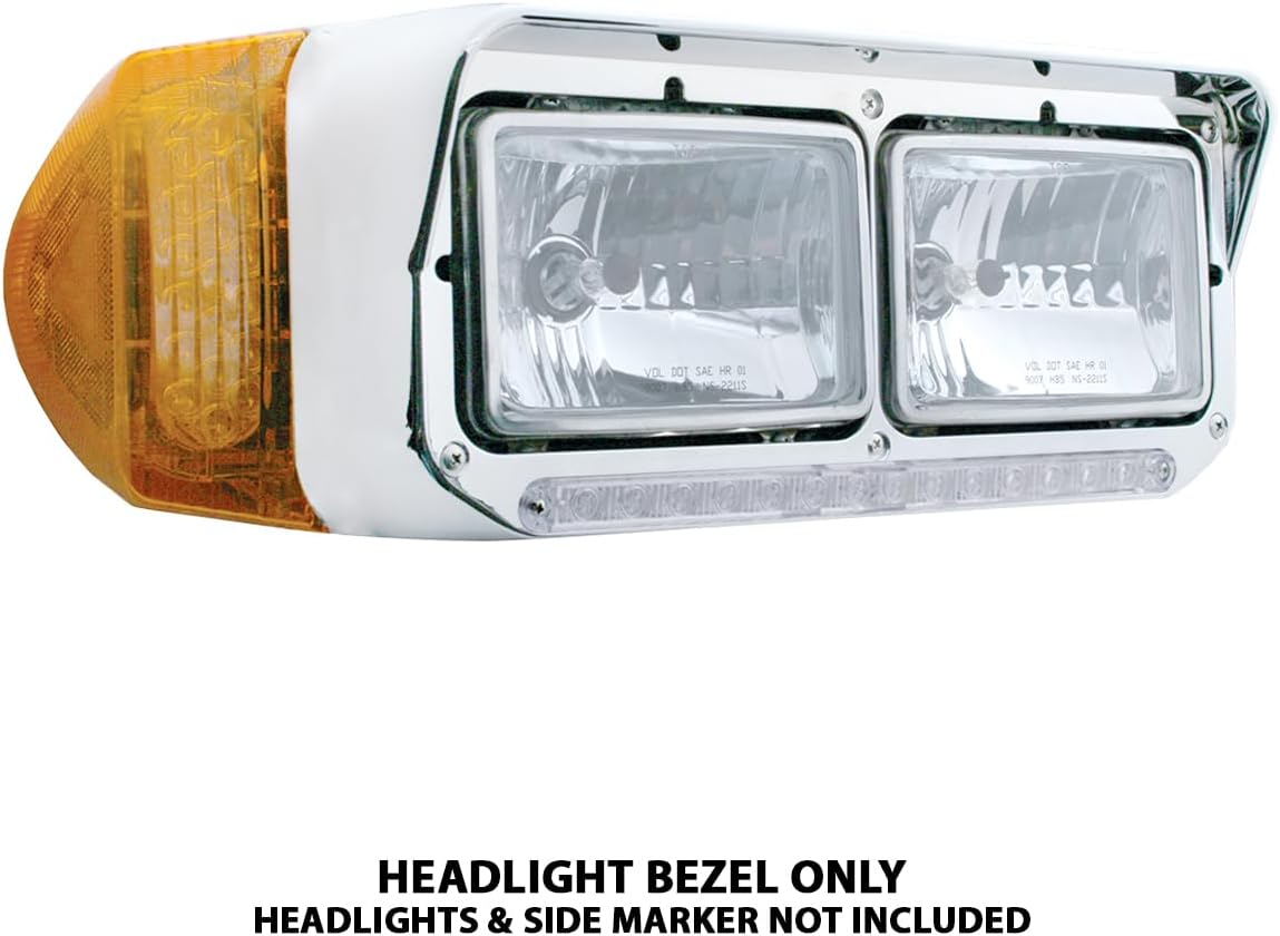United Pacific 32352P2 Chrome Rectangular 14 LED Dual Headlight Bezel w/Visor, Chrome Plated, Injection Molded Plastic, LED Light Bar Pre-Installed – Amber LED/Clear Lens – 2 Pack