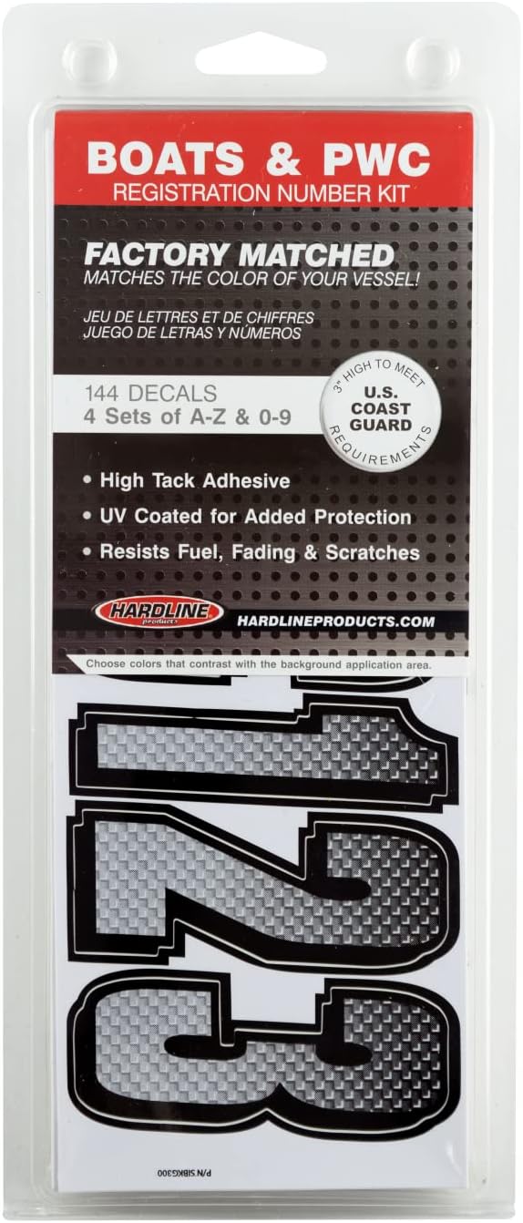 Hardline Products USA Series 300 Boat Registration Numbers & Letters Kit, 3-Inch, Silver/Black Carbon Fiber Style, USCG Compliant Marine Vinyl Decals for Hulls, Jet Skis & PWCs