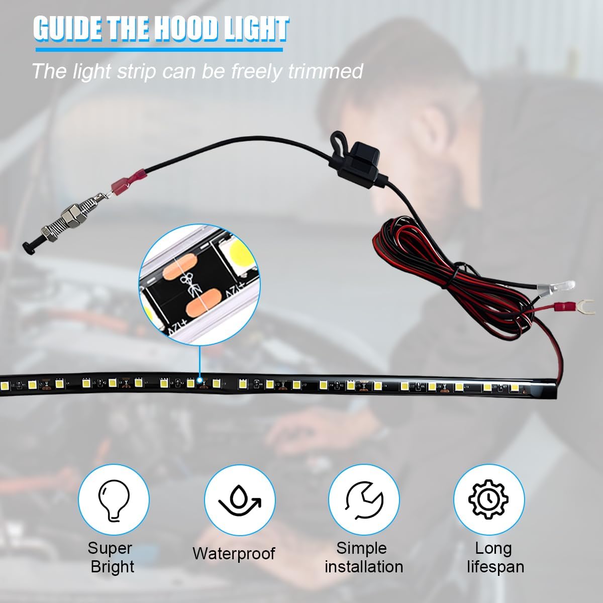 Car Under Hood LED Light Strip, 15Inch 12V 21 SMD 5050 Waterproof Vehicle Engine Bay Lights Bundle Kit with Automatic On/Off, Auto Underhood Work Lamp, Universal for SUV RV Truck
