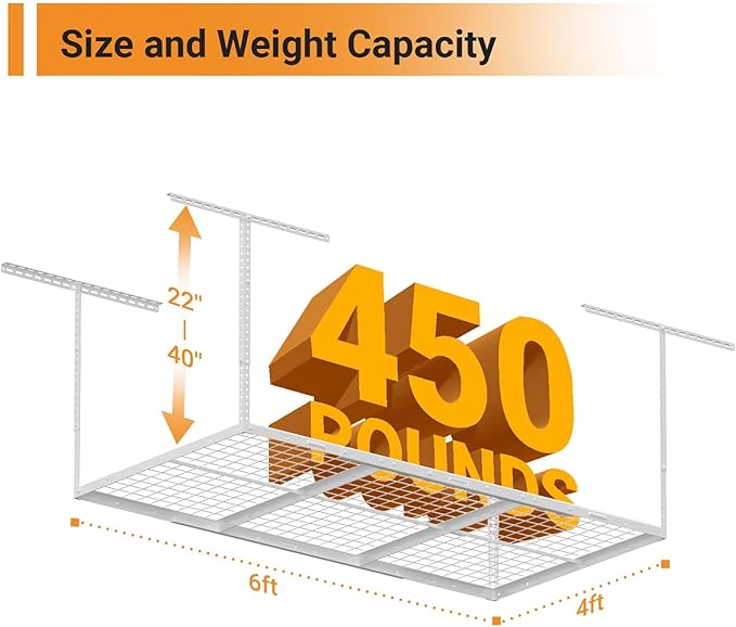 4x6ft Overhead Garage Storage Rack, Heavy Duty Metal Ceiling Shelf, 450lbs