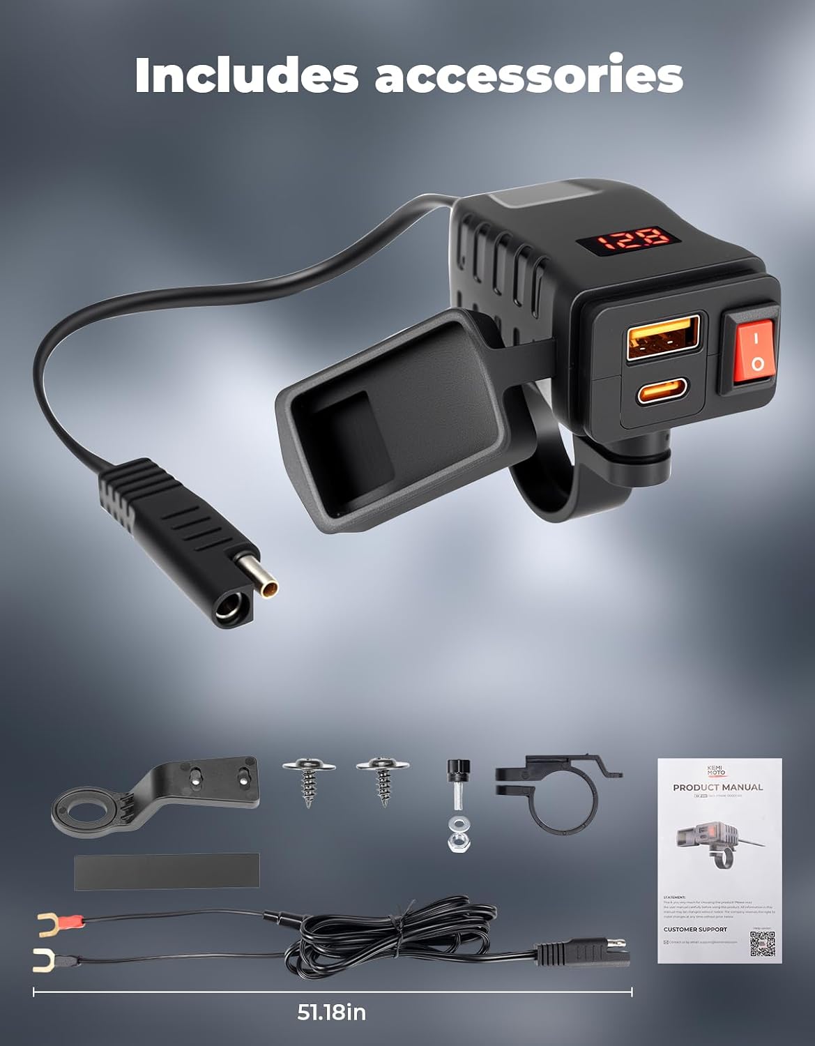 KEMIMOTO Motorcycle USB Charger with USB-C and USB-A Ports, 61-Inch Extra-Long IP66 Waterproof Cable, 30W 3.0 Fast Charging for Phone GPS, On/Off Switch, SAE 5A Fuse, Fits 7/8" Handlebars on ATV, UTV