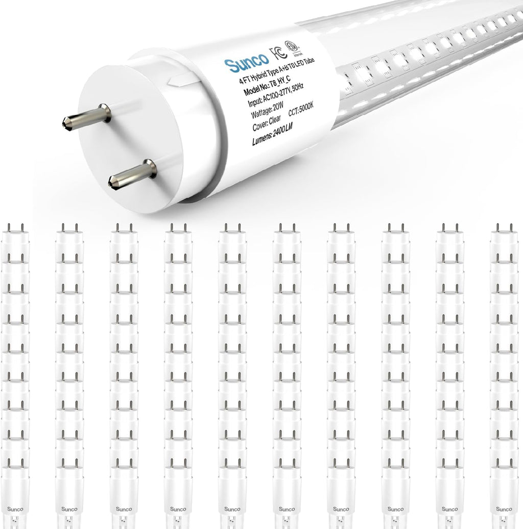 Sunco 90 Pack T8 LED Tubes 4FT Replacement for Fluorescent Bypass Ballast or Plug and Play 20W 2400 LM 5000K Daylight Ballast Compatible Single Ended or Double Ended Hybrid Type A+B Clear Lens ETL