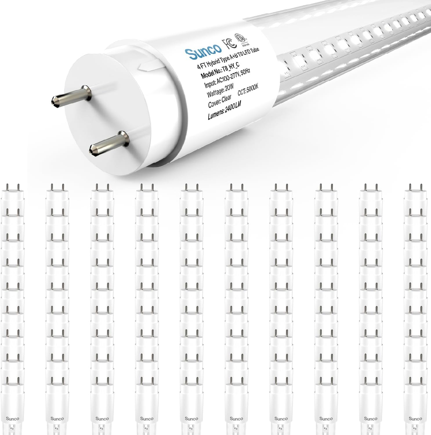Sunco 90 Pack T8 LED Tubes 4FT Replacement for Fluorescent Bypass Ballast or Plug and Play 20W 2400 LM 5000K Daylight Ballast Compatible Single Ended or Double Ended Hybrid Type A+B Clear Lens ETL