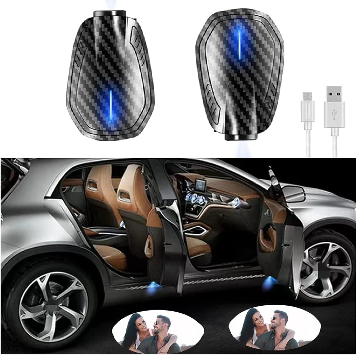 Personalized Car Door Projector Lights,Personalized Carbon Fibre Rechargeable Wireless Car Door Light (2Pcs)