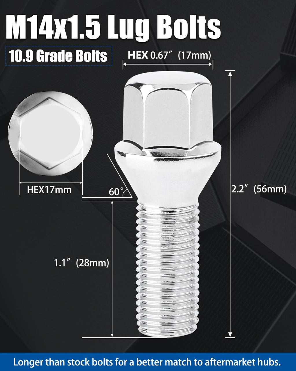 GAsupply 14x1.5 28mm Shank Lug Bolts, 20pcs Chrome Conical Seat 56mm Tall Lug Studs for Wheel Spacers, 17mm Hex