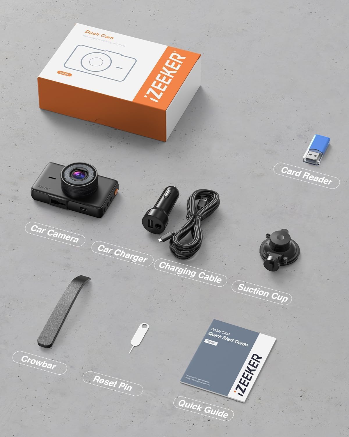 izeeker 2.5k dash cam front, 1440p qhd car, package contents