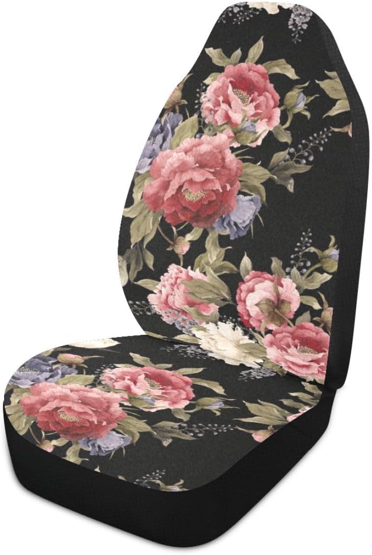 Dark Vintage Floral Flowers Print Car Seat Covers Set of 2,Seamless Floral Pa...