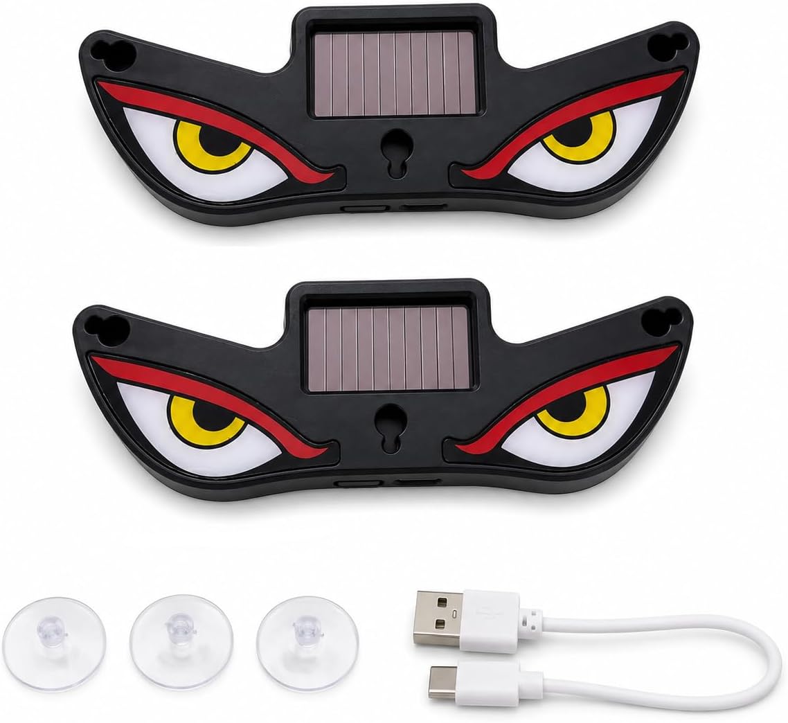 Solar Devil Eyes LED Car Window Light, Wireless No Drill Solar Powered Demon Eyes Warning Lights for Cars Windshield Rear Window, Waterproof LED Eyes Animated for Trucks/SUVs/RV/Vans, 2 Pack (T1-RYW)